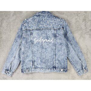 Confetti Avenue Denim Jacket Womens Small Blue Pearl Detail Button Up Bridesmaid